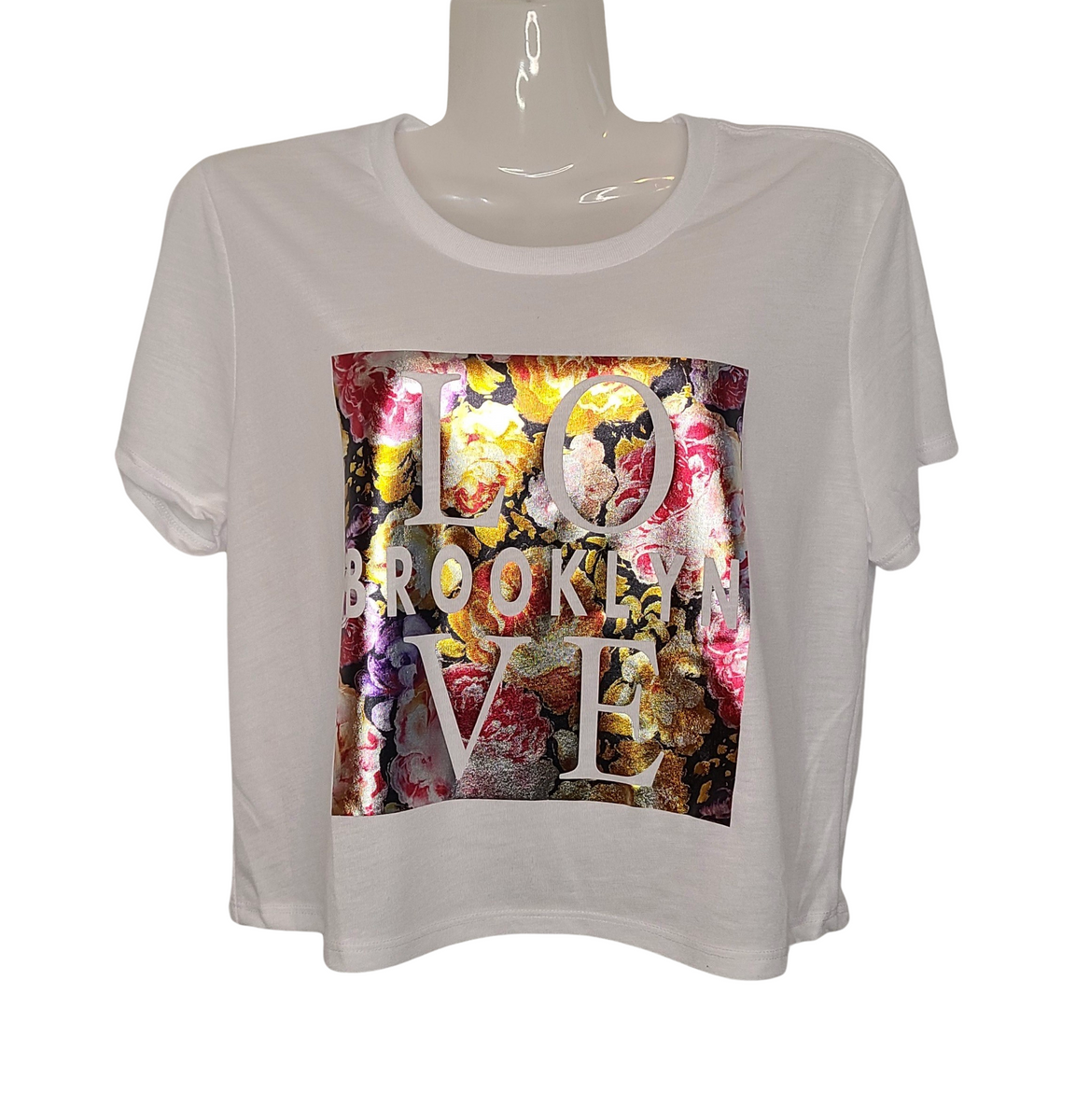 【U LAN】Love You Printed Crop Short Sleeve NWT LOVE J Women's Black Short Sleeve Crop Top with Cut-Out